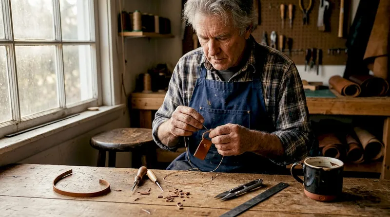 Craftsman hand-stitching leather at a wooden workbench by a window