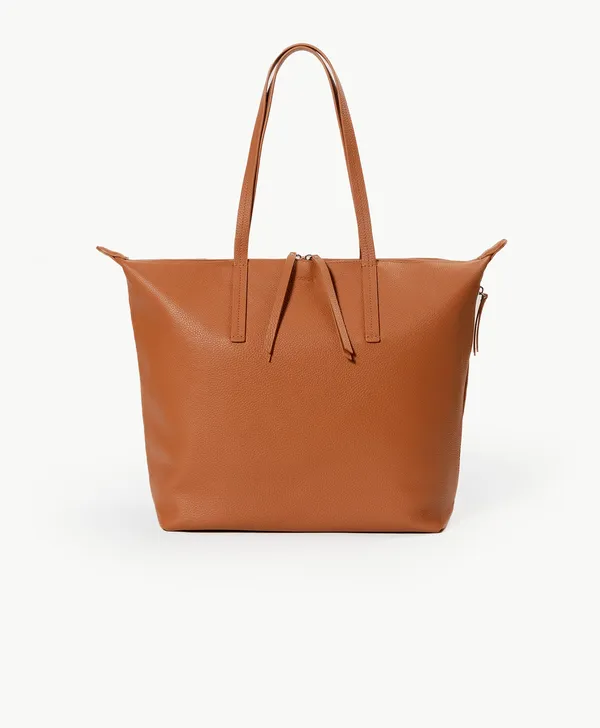 Tan pebbled leather tote with dual handles and zipper closure