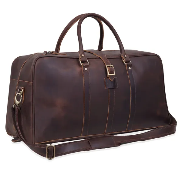 Dark brown vintage leather duffel bag with brass buckles